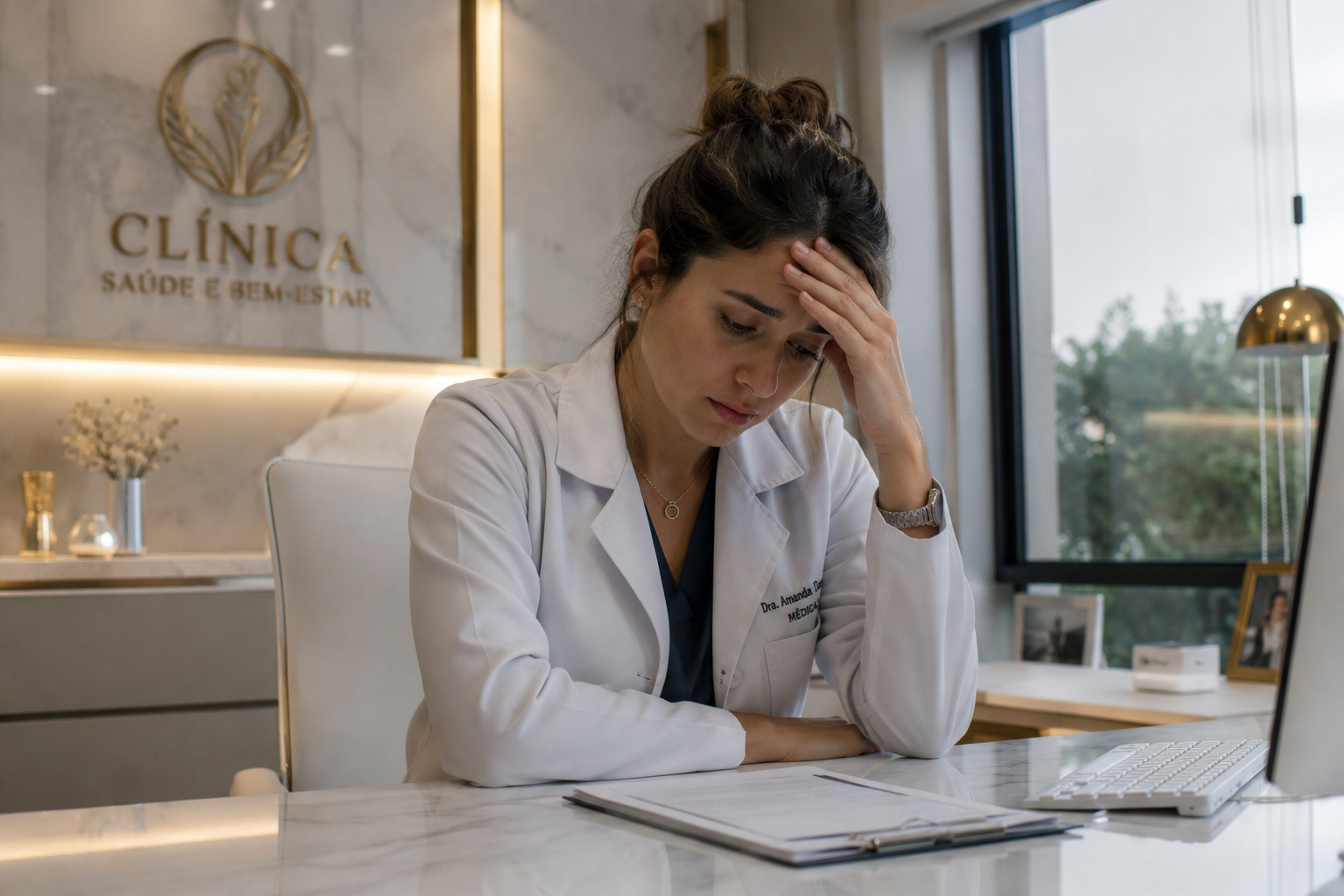 Médico cansado analisando papéis na clínica